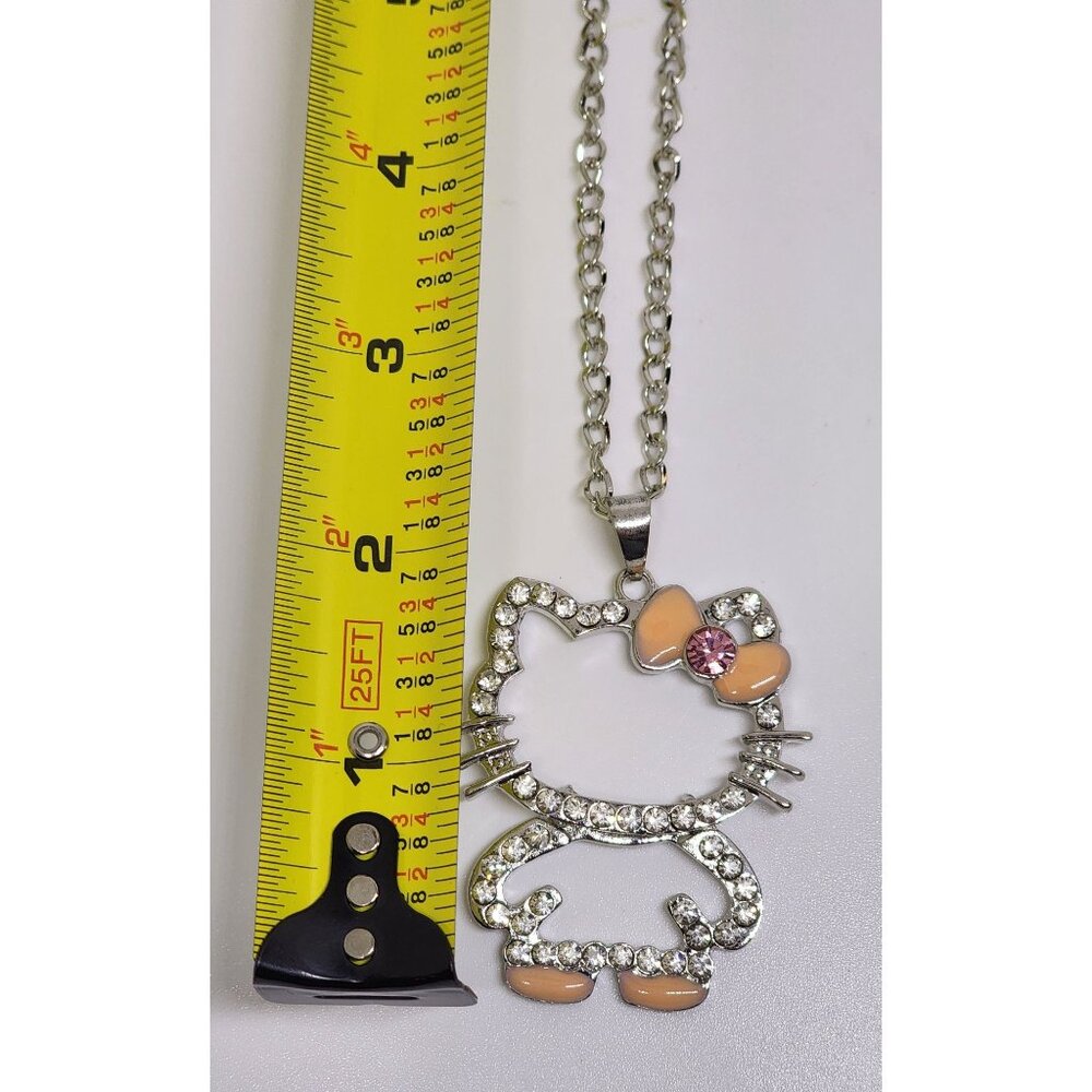 NWT Hello Kitty Rhinestone Pendant Women's Necklace Pink Bow Silver Chain 22" - Picture 3 of 5